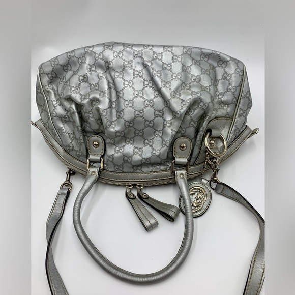 Auth Gucci Silver Gray Metallic Guccisima Leather Convertible Sukey Bowler Bag - Picture 4 of 16